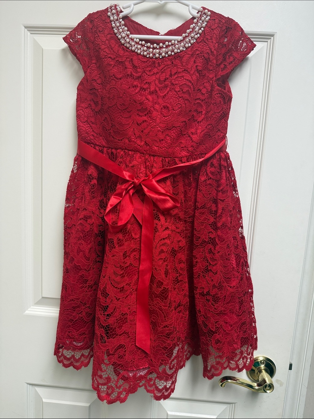 Rare Editions Red Lace Dress with Pearl Collar